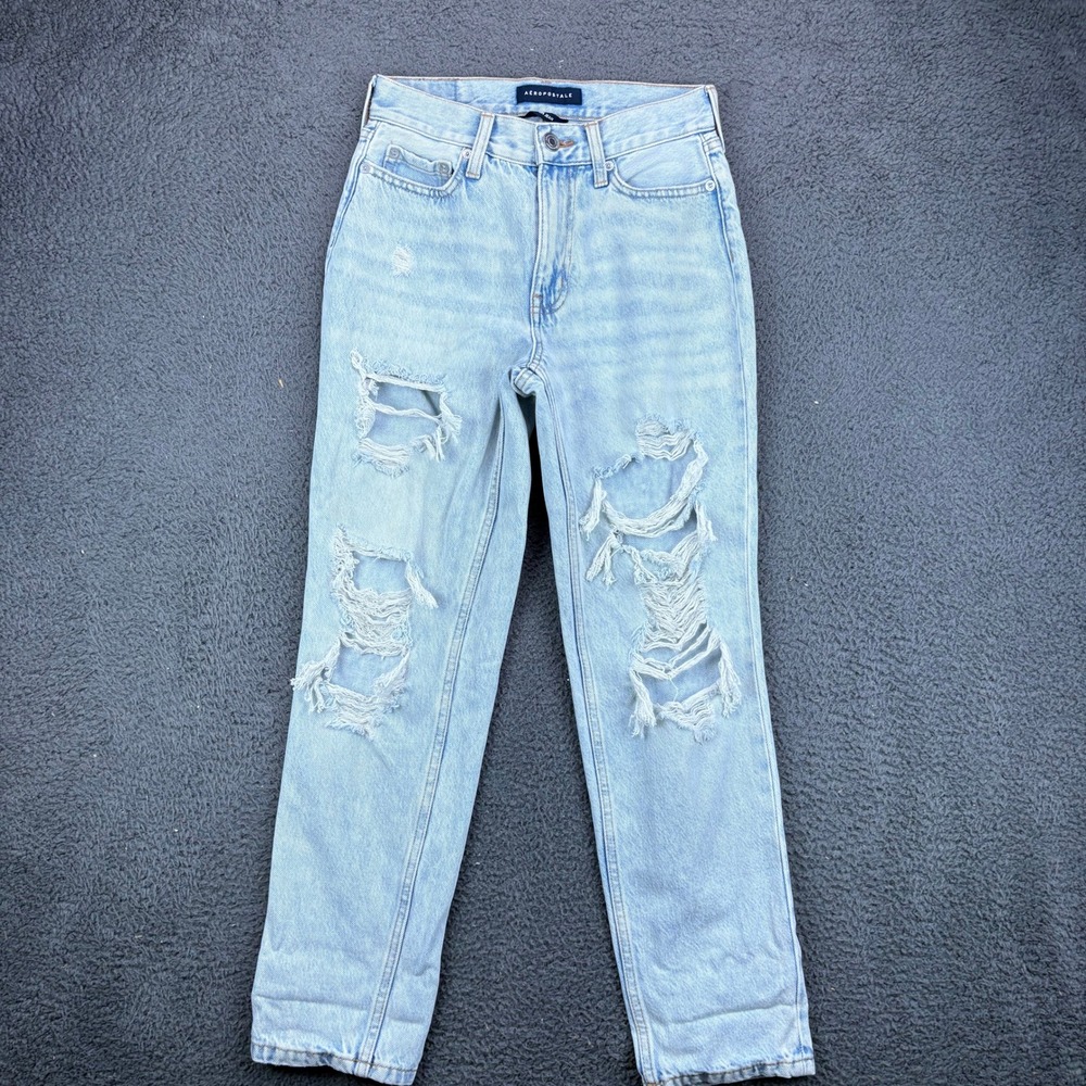 Aeropostale Womens‎ Mom Jeans Light Wash Distressed Denim Size 00 High Rise